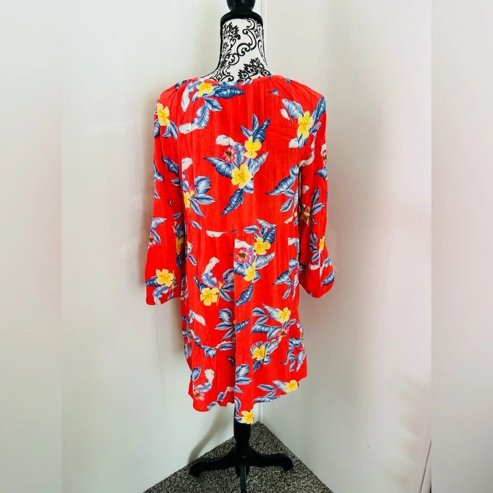 Old Navy Women’s Tropical Floral Peasant Tasseled 3/4 Sleeve Mini Swing Dress M - Picture 2 of 11